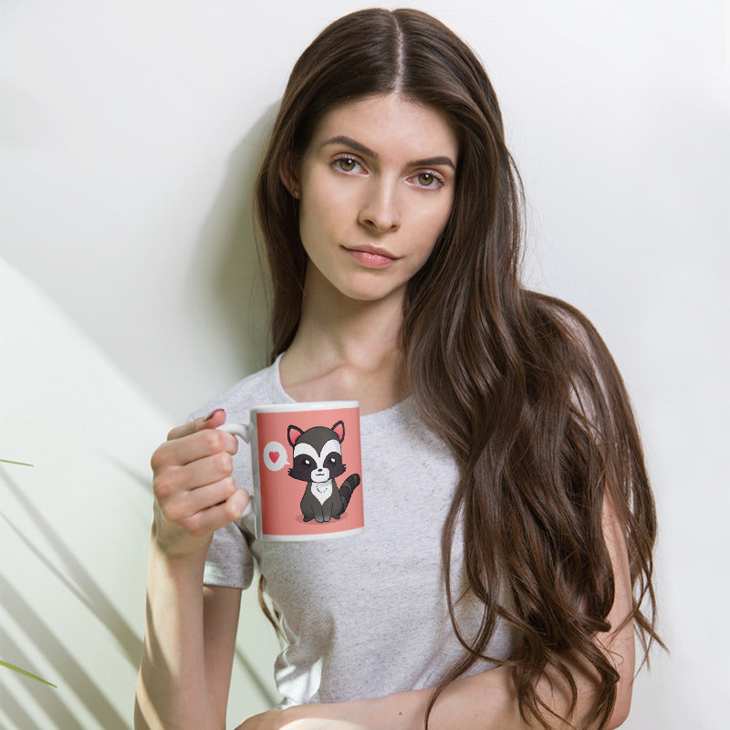 Cute Cartoon Racoon White Glossy Mug