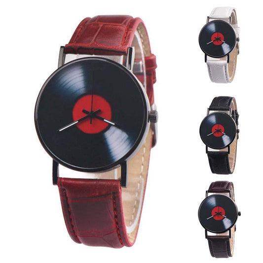 Watch for Men Women Children Vintage Record Shape Round Dial Faux Leather Band Women Men Quartz Wrist Watch